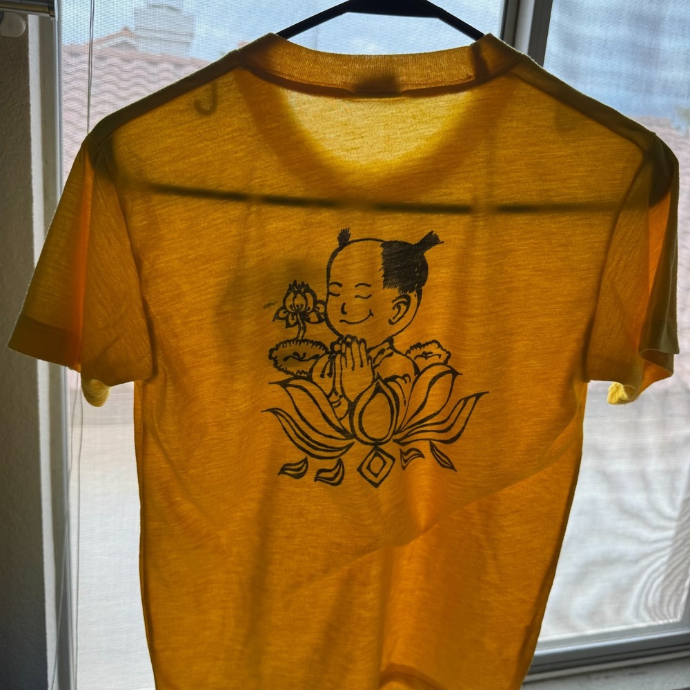 Vintage 80s Buddhist Baby Tee T Shirt Size 34 XXS Paper Thin Chinese